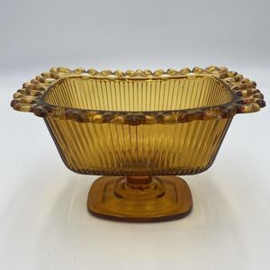 Vintage Amber Glass FTDA 1981 Open Lace Ribbed Pedestal Candy Dish Or Planter